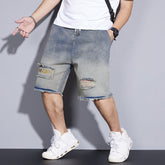 Short en jean à taille élastique et cordon de serrage pour homme, grande taille, jean bleu délavé vintage, short en jean rapiécé